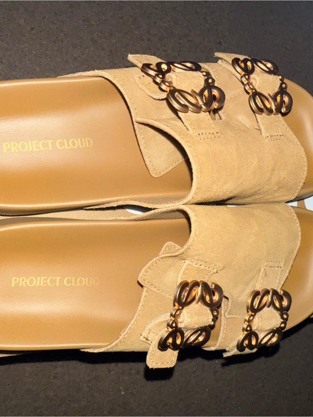 Women's Tan Suede Buckle Slide Sandals - worn once